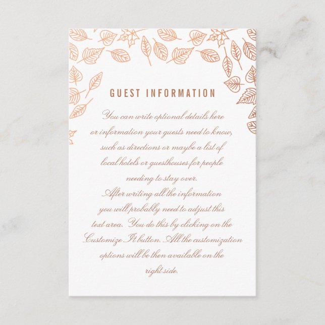 Elegant Autumn Leaves Copper Wedding Insert Card (Front)