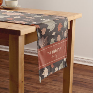 Elegant Autumn Leaves Dark Fall Family Name Short Table Runner