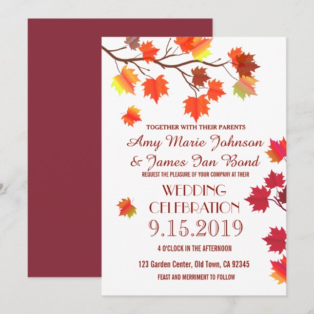 Elegant Autumn Leaves Fall Burgundy  Wedding Cards (Front/Back)