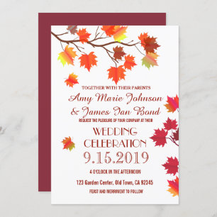 Elegant Autumn Leaves Fall Burgundy Wedding Cards