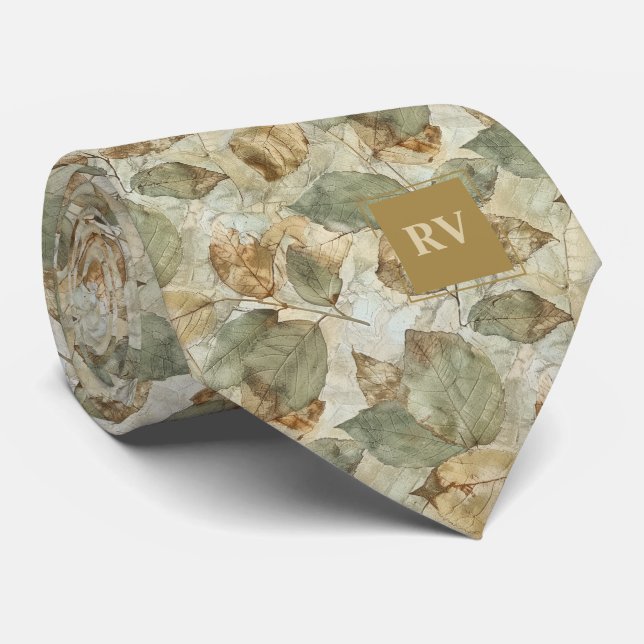Elegant Autumn Leaves Fall Monogram Tie (Rolled)