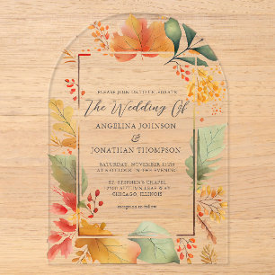 Elegant Autumn Leaves Outdoor Wedding Arch Acrylic Invitations