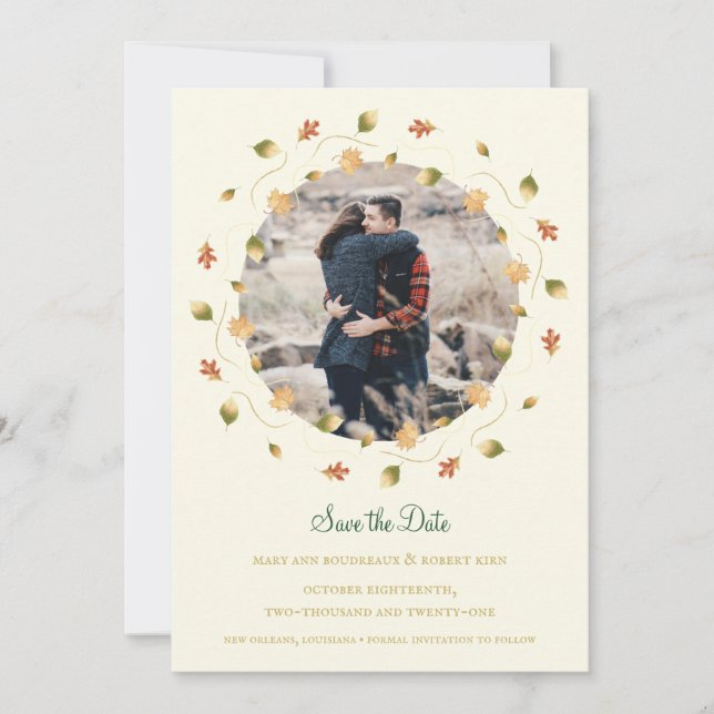 Elegant Autumn Leaves Photo Save The Date (Front)