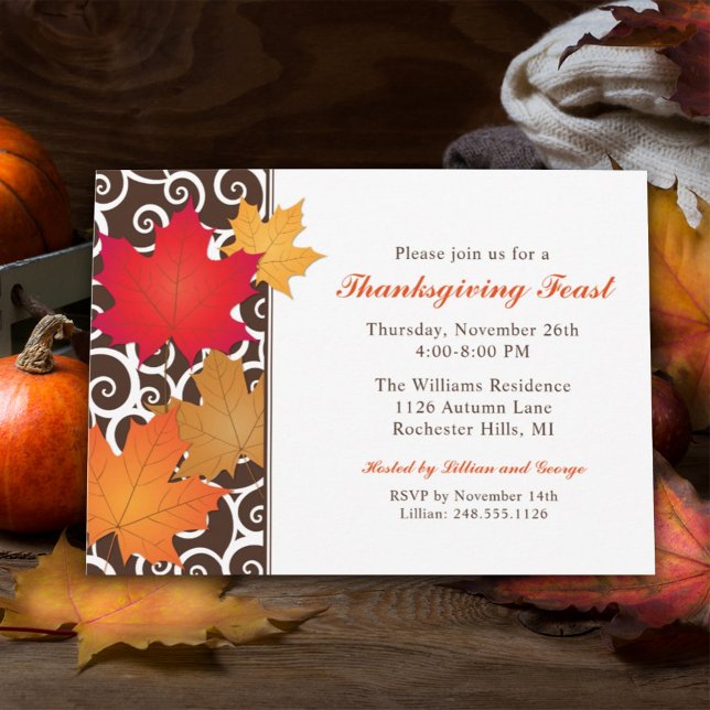 Elegant Autumn Leaves Swirls Thanksgiving Feast Invitation (Creator Uploaded)