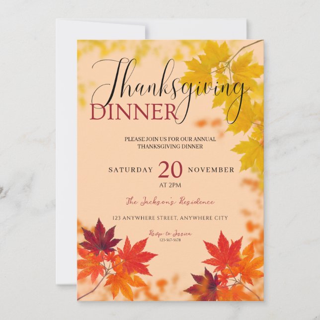 Elegant Autumn Leaves Thankgsgiving Dinner Invitation (Front)