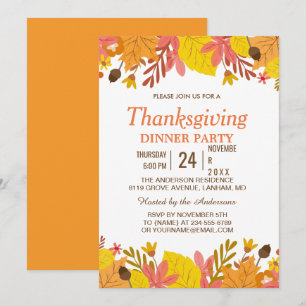Elegant Autumn Leaves Thanksgiving Dinner Party Invitation