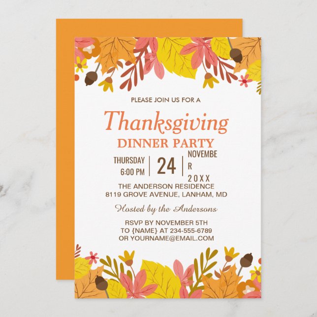 Elegant Autumn Leaves Thanksgiving Dinner Party Invitation (Front/Back)