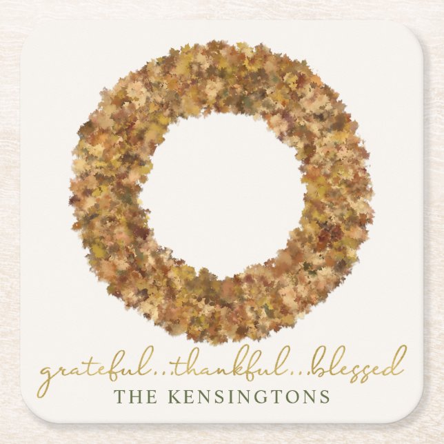 Elegant Autumn Leaves Thanksgiving Rustic Wreath Square Paper Coaster (Front)