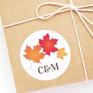 Elegant Autumn Leaves Wedding Monogram Classic Round Sticker