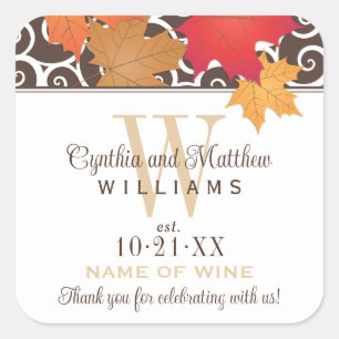 Elegant Autumn Leaves Wedding Monogram Wine Square Sticker