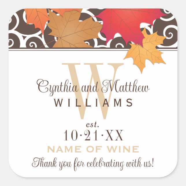 Elegant Autumn Leaves Wedding Monogram Wine Square Sticker (Front)