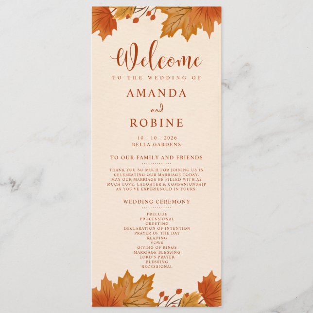 Elegant Autumn Maple Leaves Wedding Program Programme (Front)