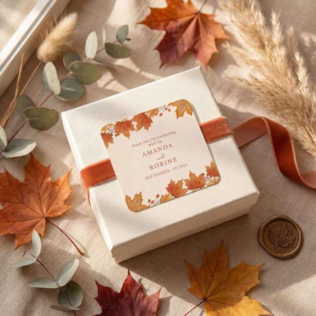 Elegant Autumn Maple Leaves Wedding Square Sticker (Creator Uploaded)
