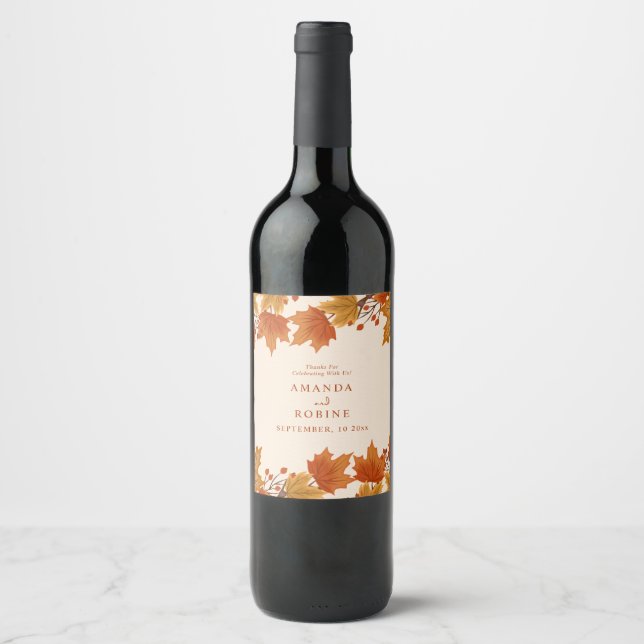 Elegant Autumn Maple Leaves Wedding Wine Label (Front)