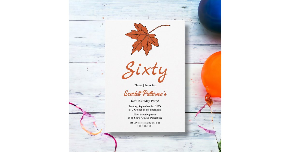 Elegant Autumn Orange Leaves Fall 60th Birthday Invitation | Zazzle