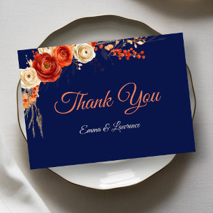 Elegant autumn orange navy florals wedding thank you card