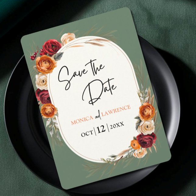 Elegant autumn orange sage floral wedding save the date (Creator Uploaded)