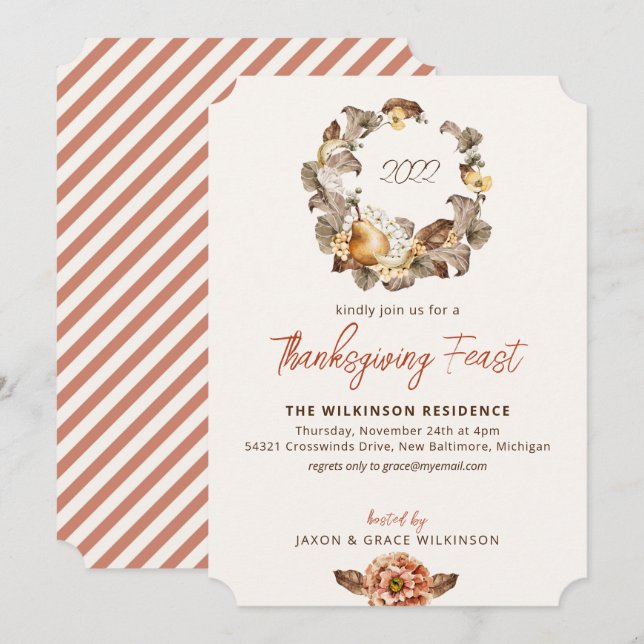 Elegant Autumn Pear Wreath Thanksgiving Invitation (Front/Back)