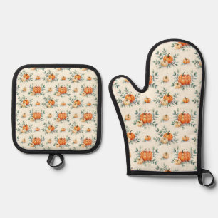 Elegant Autumn Pumpkin and Eucalyptus Watercolor Oven Mitt & Pot Holder Set