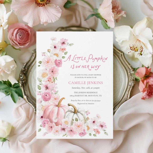 Elegant Autumn Pumpkin and Floral Baby Shower Invitation (Blush Pink Pumpkins and Flowers Baby Shower Invitation)