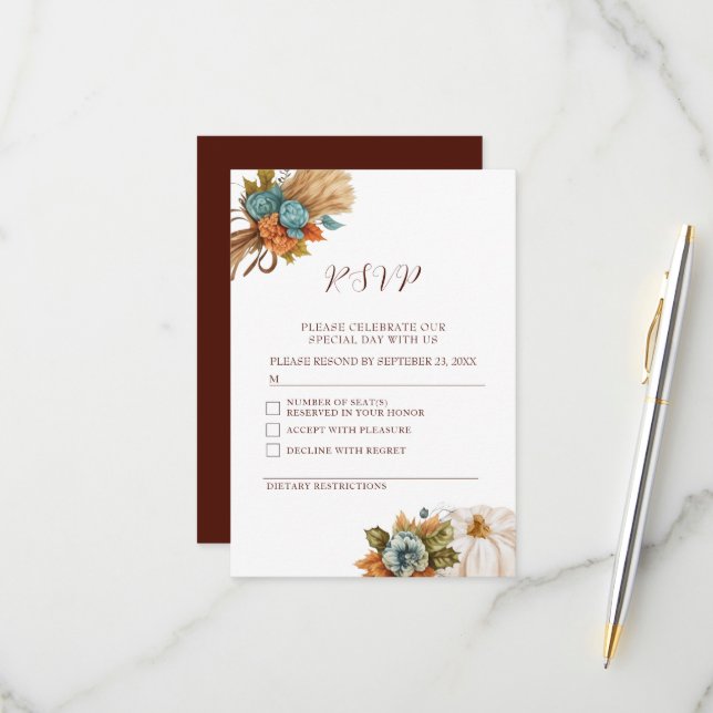 Elegant Autumn Pumpkin Fall Wedding RSVP Card (Front/Back In Situ)