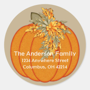 Elegant Autumn Pumpkin Golden Leaves Classic Round Sticker
