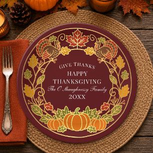 Elegant Autumn Pumpkin Turkey Thanksgiving Dinner Paper Plate