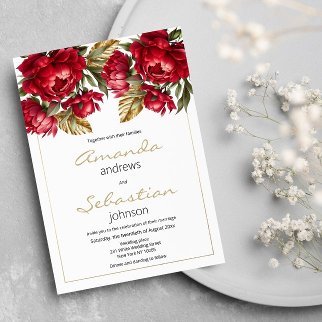 Elegant Autumn red gold peonies floral wedding  Invitation (Elegant Autumn red gold peonies floral wedding)