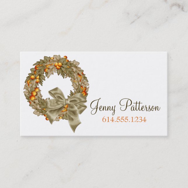 Elegant Autumn Season Wreath Business Card 1 (Front)