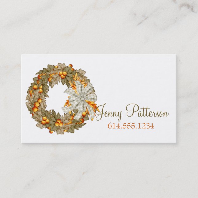 Elegant Autumn Season Wreath Business Card 6 (Front)