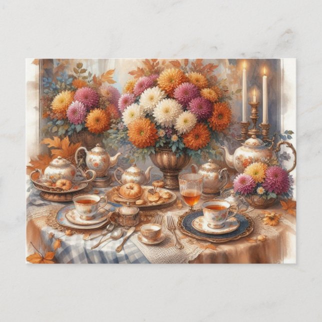 Elegant Autumn Tea Party Watercolor  Postcard (Front)