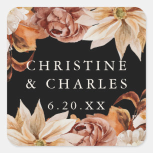 Elegant Autumn Watercolor Black Wedding Square Sticker