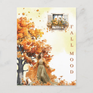 Elegant Autumn Watercolor Falling Leaves Fall Mood Postcard