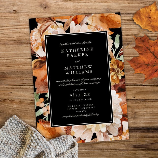 Elegant Autumn Watercolor Floral Black  Wedding Invitation (Creator Uploaded)