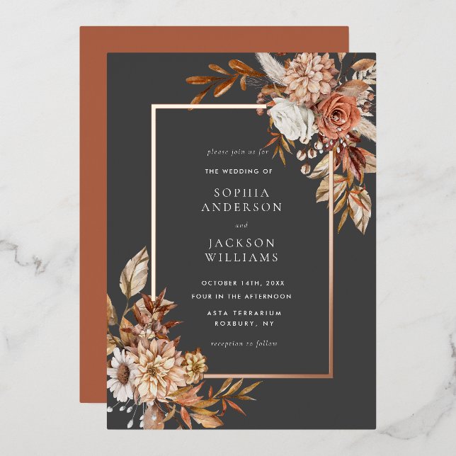 Elegant Autumn Watercolor Floral Wedding  Foil Inv (Front/Back)