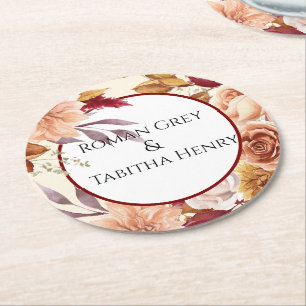 Elegant Autumn Watercolor Floral Wedding Round Paper Coaster