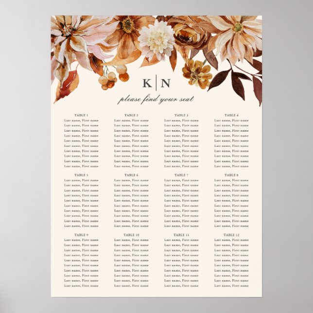 Elegant Autumn Watercolor Floral | Wedding Seating Poster (Front)
