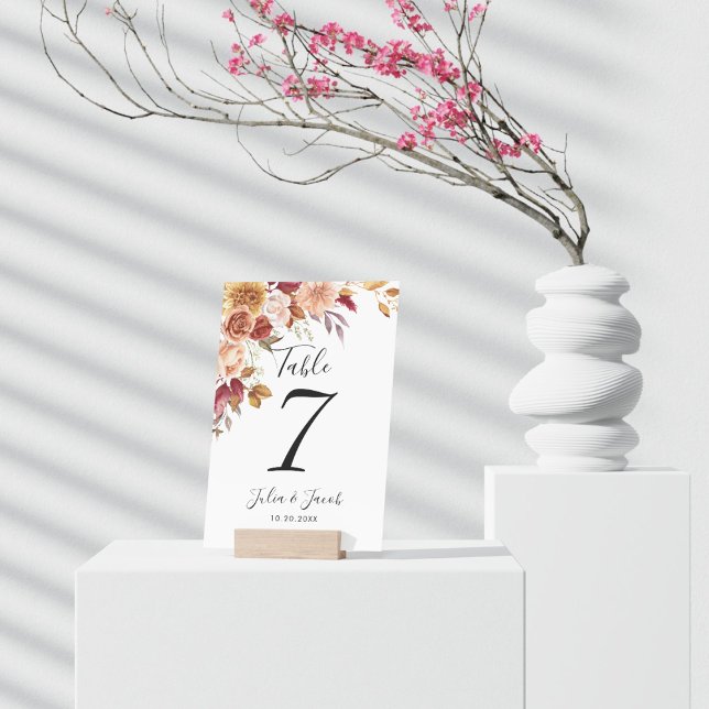 Elegant Autumn Watercolor Floral Wedding Table Number (Elegant Autumn Watercolor Floral Wedding Party Supplies)