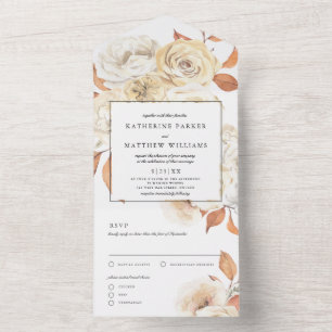 Elegant Autumn Watercolor Floral + White Wedding All In One Invitation