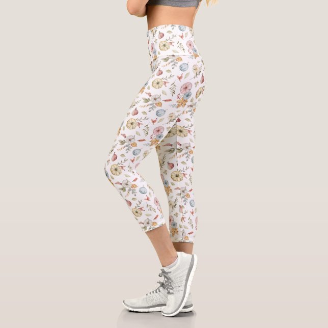 Elegant Autumn Watercolor Pattern Capri Leggings (Left)