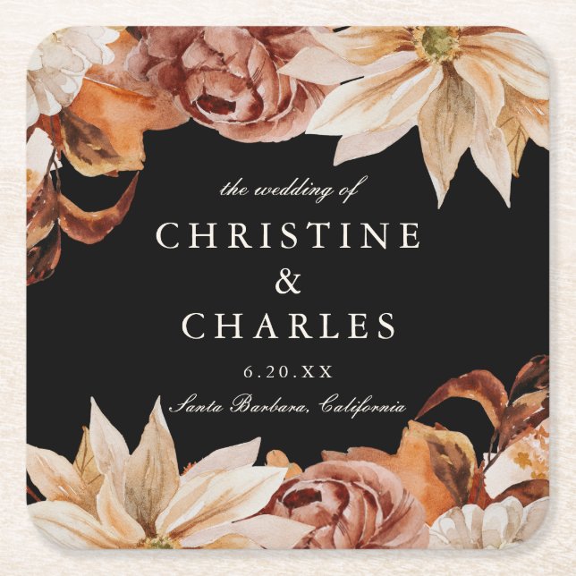 Elegant Autumn Watercolor Wedding Black Square Paper Coaster (Front)