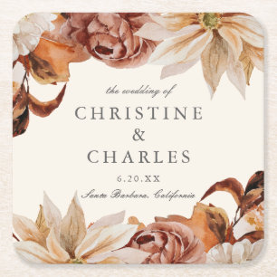 Elegant Autumn Watercolor Wedding Square Paper Coaster
