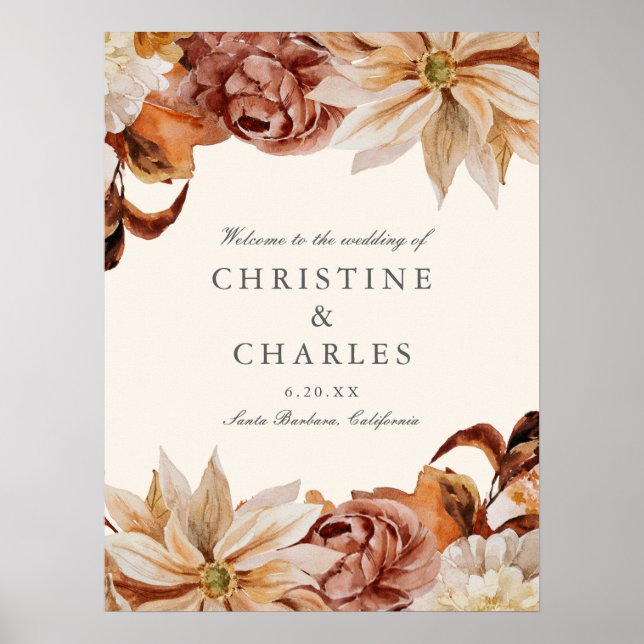 Elegant Autumn Watercolor Wedding Welcome Sign (Front)