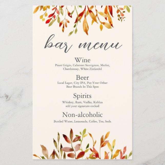 Elegant Autumn Wedding Custom Fall Leaves Bar Menu (Front)