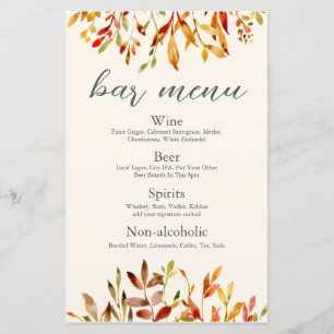 Elegant Autumn Wedding Custom Fall Leaves Bar Menu