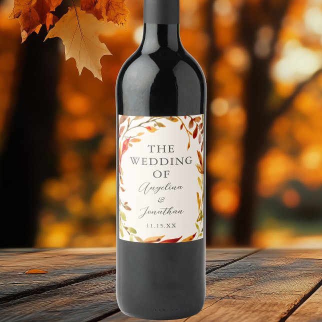 Elegant Autumn Wedding Leaves Personalised Wine Label (Creator Uploaded)