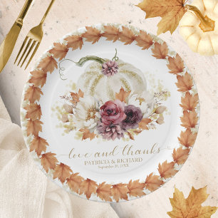 Elegant Autumn White Pumpkin Floral Wedding Paper Plate