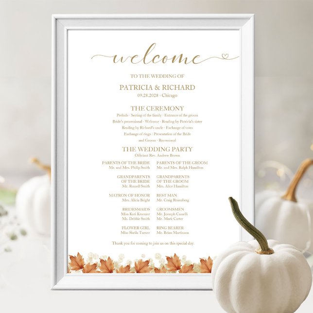 Elegant Autumn White Pumpkin Wedding Program Sign (Creator Uploaded)