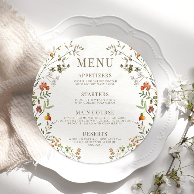 Elegant Autumn Wildflower Fall Wedding Round Menu (Creator Uploaded)