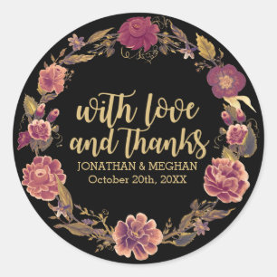 Elegant Autumn Wreath Thank You Wedding, Black Classic Round Sticker